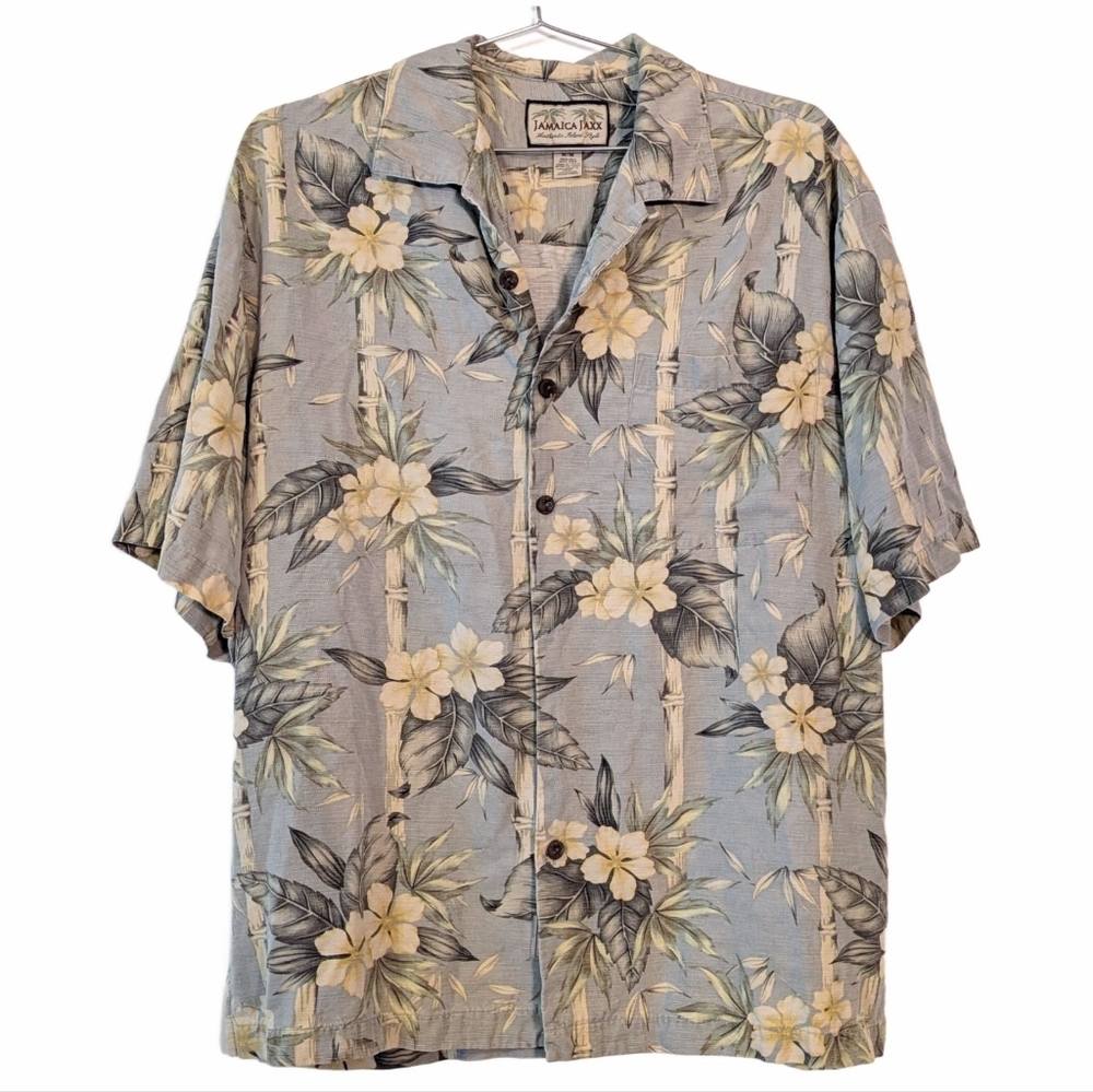 100% Silk Jamaica Jaxx Light Blue Floral Hawaiian Button-Down Shirt